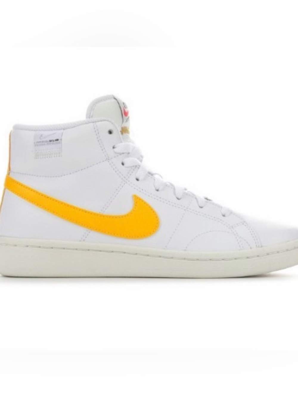 Nike court royale 2 dunk High-Top White Leather Sneaker with Yellow Swoosh 8.5